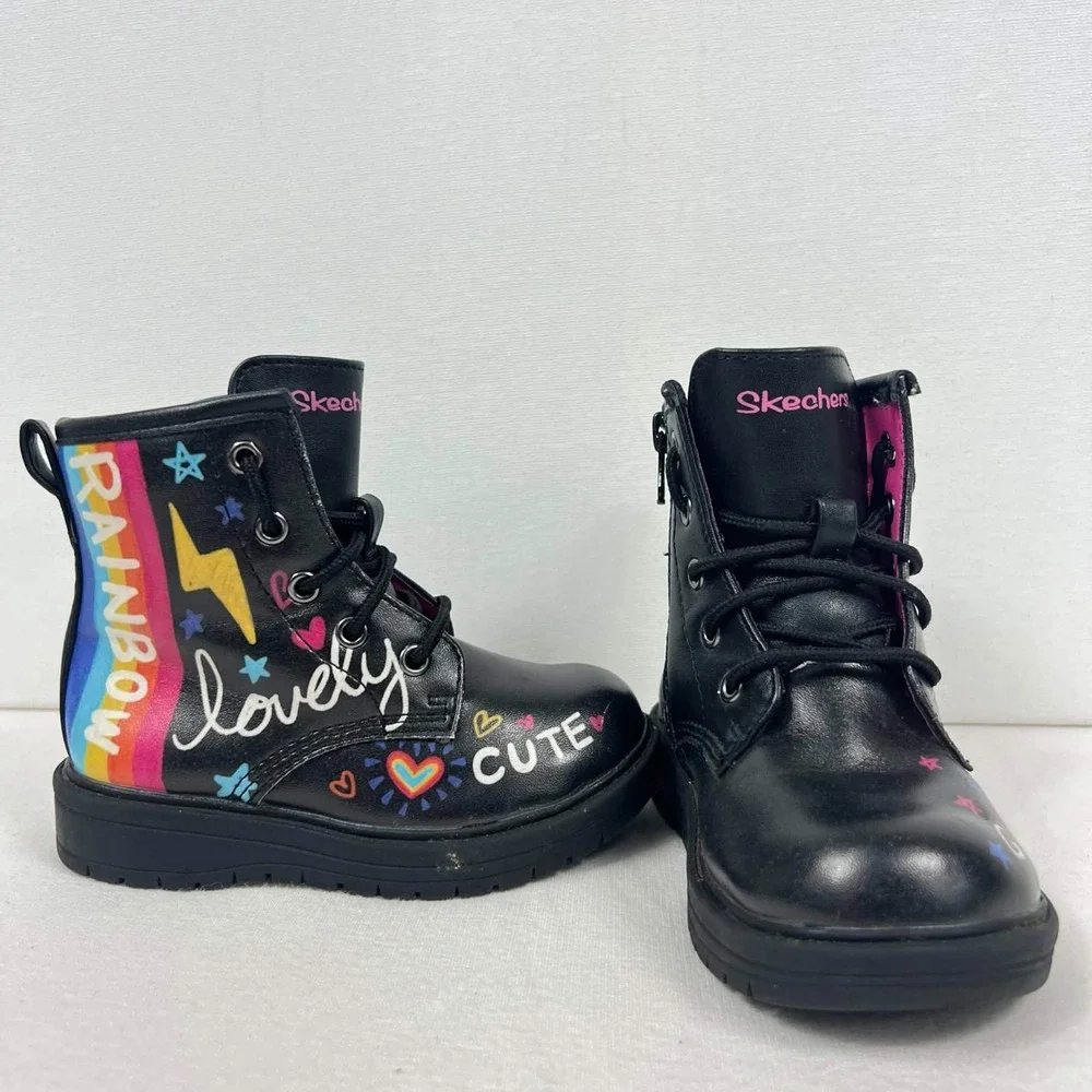 GUC Skechers Black Rainbow Doodle Combat Boots Girls Toddler Size 6